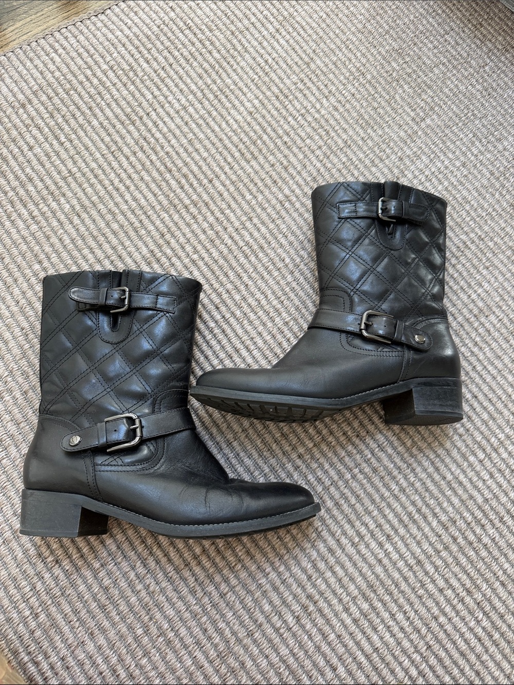 Aquatalia Black Quilted Leather Mid-Calf Buckle Boots